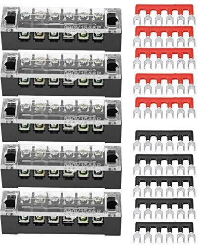 Morsettiere a vite-morsettiera elettrica su guida din-KIMISS Morsettiera a vite 5 pezzi a doppia 6 posizioni 600V 15A + striscia barriera terminale preisolata