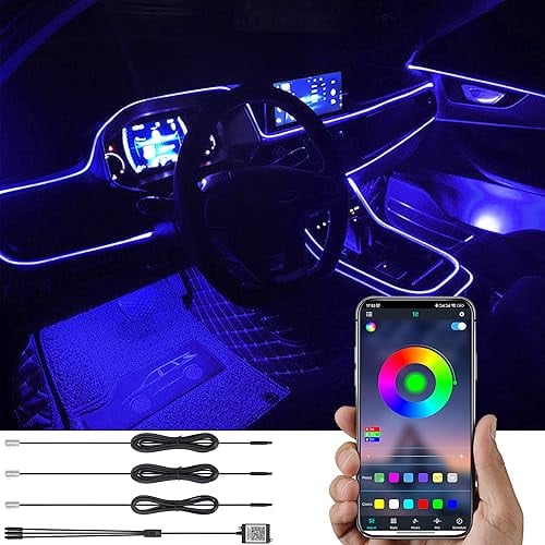 TABEN Auto Umgebungslicht RGB APP Control Dekorative Lampe DIY Refit Flexibles Glasfaserrohr 64 Farben Innenbeleuchtung Atmosphärenlicht 1W DC 12V 4m