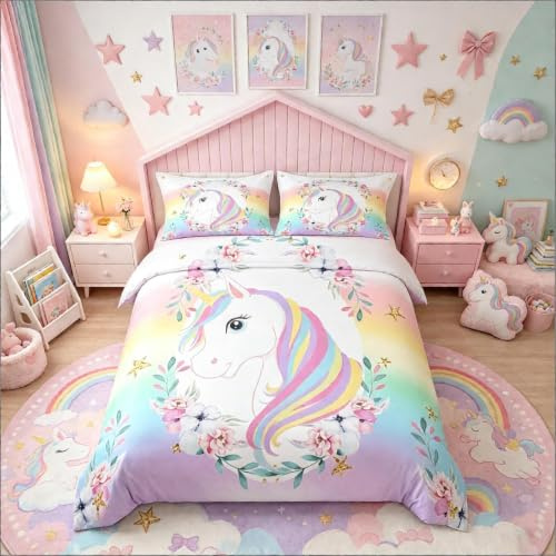 Loussiesd Set de ropa de cama de 2 uds., funda de edredón con diseño de fantasía con unicornio, flores, caballo, animales, para niños, adolescentes y mujeres, tamaño individual
