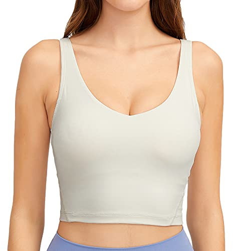 Lemedy Sport-BH für Damen, lang, bauchfrei, gepolstert, für Workout, Laufen, Yoga, beige, S