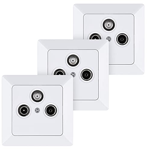 HEITECH Antennensteckdose für TV, Radio & SAT - Neues Modell - 3x Unterputz Antennendose Digitaltauglich weiß mit Rahmen - Anschlussdose für Antenne IP20 - Antennenanschlussdose Antennenbuchse