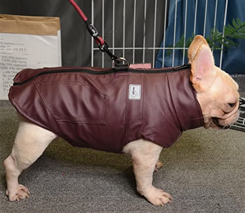 DHGTEP Kleiner Mittelgroßer Hundemantel Mit Geschirr, Leder Hundejacke Mantel Warme Winterhundekleidung Wasserdicht Für Französische Bulldogge (Farbe : Braun, Größe : L)