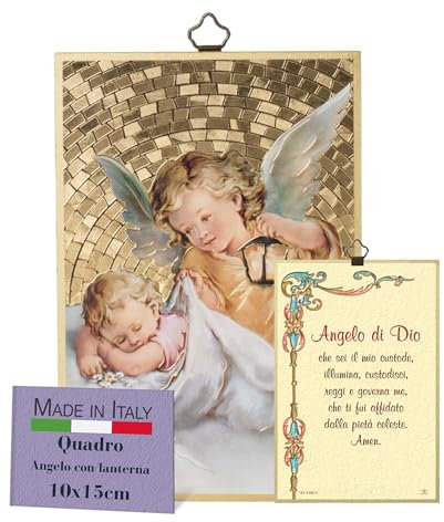 FRATELLI BONELLA - Quadro Angelo con Lanterna e Preghiera Angelo di Dio in Italiano - Quadro Legno in MDF di Pioppo Camera Da Letto 8 mm x 10 cm x 15 cm - Made in Italy
