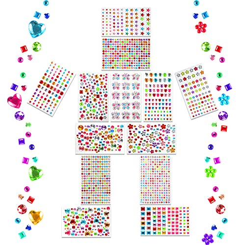 KEELYY Glitzersteine Selbstklebend, 2000+ Stück Strasssteine Selbstklebend Acryl Bunt Selbstklebende Schmucksteine Verschiedene Formen Crystal Edelstein zum Aufkleben, 11 Blätter
