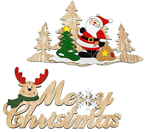 Corsehild 2 PCS Wooden Christmas Plaque Santa Reindeer Sign Ornaments Xmas Door Wall Hanging Merry Christmas Tree Decoration for Home Indoor Outdoor Decor