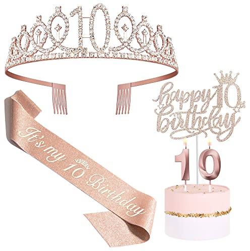 Bella Meri Geschenke zum 10. Geburtstag für Mädchen, 10. Geburtstag Tiara Krone Schärpe Kuchen Topper Geburtstag Kerzen 10 Geburtstag Dekorationen Frauen