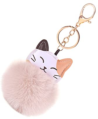 ihreesy Katze Schlüsselanhänger, Schön Pom-pom Schlüsselbund Anhänger PU Leder Katze Tier Bommel Taschenanhänger Charms Dekoration Schlüsselring Dekor Taschen-Zubehör für Frauen Mädchen,Beige