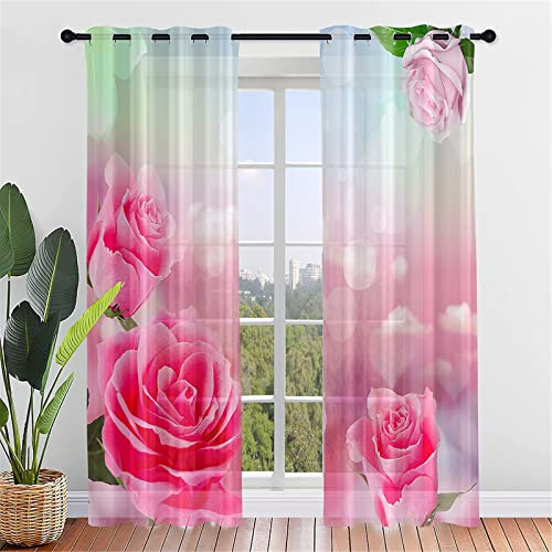 Hiseng Schiebegardinen Voile Vorhang Gardinen 2er Set, Rose Blume Druck Sheer Schiebevorhänge Lichtdurchlässig Flächenvorhänge für Wohnzimmer Schlafzimmer Fensterschal (140x160cm,Wolke)