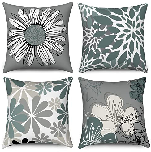 ASDCXZ Wassergrün Kissenbezug 40x40 cm 4er Set, Nordeuropa Modern Blumen Grün Grau Sofa Dekokissen Kissenbezüge Kissenhülle Waschbar Polyester Leinen Textil Polster Kopfkissenbezug Kissen Bezug