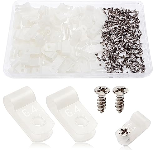 VooGenzek 100 Piezas 6.4mm (1/4 Pulgada) Clips de Cable de Nailon Tipo R, Abrazaderas de Cable Tipo R con 100 Piezas de Tornillos, para Gestión de Cables (Blanco)
