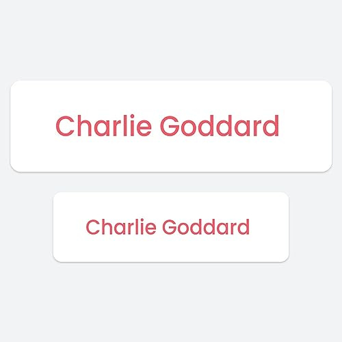 50 x No Iron Medium Personalised Stick On Waterproof Washable Name Labels Great for Clothes, School Uniform, Equipment, Shoes and More. School, Nursery, Day Care, Hospital - White with Pink Text