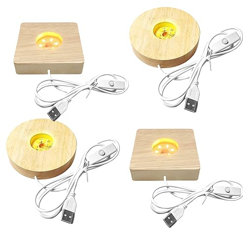 4 Pezzi Base di Visualizzazione: Nizirioo Base Espositiva con Luci a LED in Legno, Base Luminosa con Luce LED USB, Supporto da Tavolo Luce Calda per Vetro Acrilico Piastra (Rotondo + Quadrato)