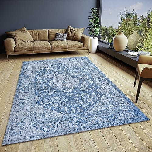 Hanse Home Mahat Orientalischer Teppich – Läufer Orientalisch klassisch gewebt mit Bordüre Vintage-Look, leicht Glänzend Flachgewebe für Schlafzimmer, Esszimmer, Wohnzimmer, Flur – Hellblau, 80x165cm