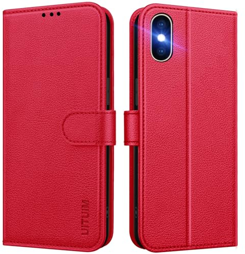 UITUIM Coque pour iPhone X/iPhone XS, Coque Etui Portefeuille Cuir avec Rabat Porte Carte Clapet Magnétique Flip Case Étui Cover Housse Coque de Protection Etui pour iPhone X/iPhone XS,Rouge