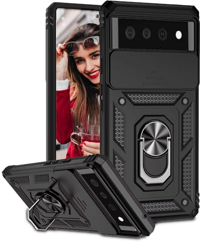 POUHYE Handyhülle für Google Pixel 6 Hülle, [Slide Camera] Hybrid Militärqualität Stoßfest Bumper Outdoor Handyhülle mit 360° Drehbarer Metall Ring Ständer Schutzhülle Case Schwarz