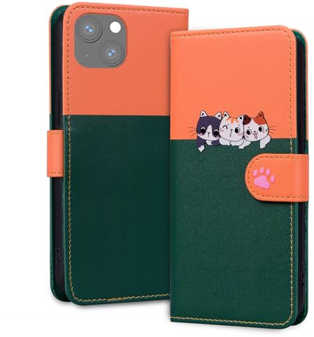 Tiyoo Lovely & Cute Flip Wallet Phone Case for iphone 13 Pro with Cartoon Cat&Dog Pattern,Premium Magnetic PU+TPU Leather for high protection phone cover for iphone13 Pro(Dark Green&Orange)