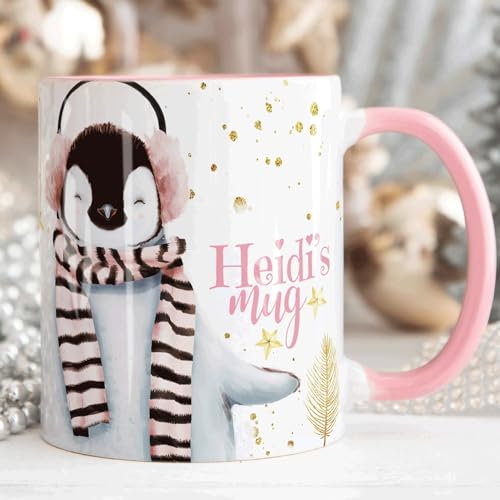 The Whistling Wren Personalised Cute Penguin Mug with Name, Pink Penguin Lover Gift Coffee Cup, Personalised Mug & Coaster Set