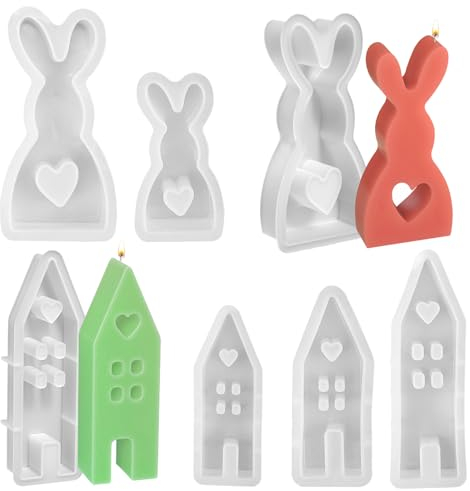 5 STK Silikonformen Gießformen Haus und Hase, Silikonform Ostern Gießform Häuser Osterhase Giessformen für Sojawachs Kerzen, Seife, Gips, Handwerk