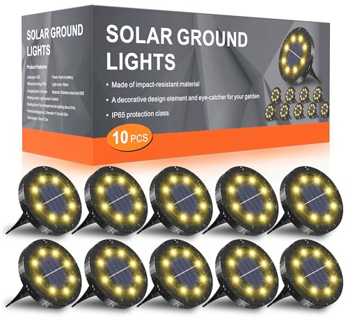 FLOWood Solar Bodenleuchte Aussen 10 Stück, 6000K Solarlampen für Außen 8 LED Solarleuchten Garten Wasserdicht Schwarz Kunststoff für Deck, Garten, Gehweg, Rasen, Hof, Warmweiß