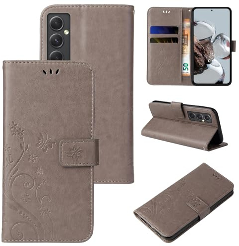 LBH Handy Hülle für Samsung Galaxy A55 5G Case Handytasche Schmetterling Blumen Flower Standfunktion Schutzhülle Magnet Rundum Schutz 360 Grad Flipcase Cover Grau