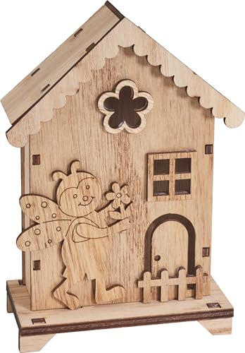 VBS Holzbausatz Haus Frühlingsbote 16 Teile unbemalt Sperrholz 14.5x9.5x5.0 cm einseitig dekoriert ideal für Frühjahr DIY Bausatz zum Bemalen und Zusammenstecken für kreative Dekorationen