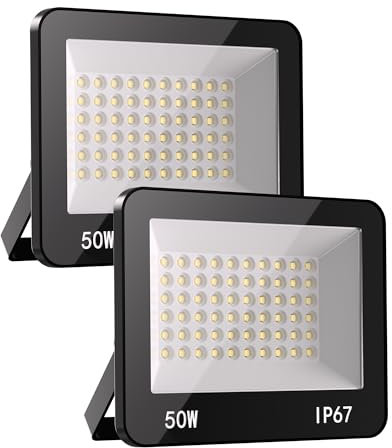 HAPYLUMI LED Strahler Außen 50W 2 Stück, 5000LM Außenstrahler Superhell Scheinwerfer 6500K Kaltweiß Aussenstrahler IP67 Wasserdicht Fluter Außenleuchte Beleuchtung für Garten Terrasse Garage