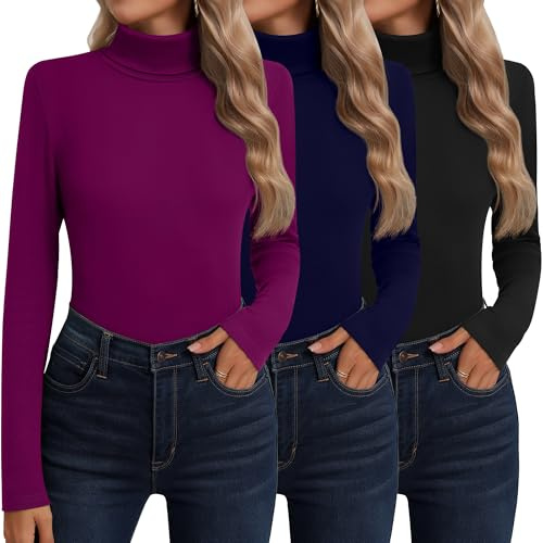 Neer Confezione da 3 Maglie Collo Alto Maniche Lunghe Cotone Donna Intimo Termico Strato Base Camicie Maglioni Autunnali(L,Nero, Blu Navy, Fucsia)