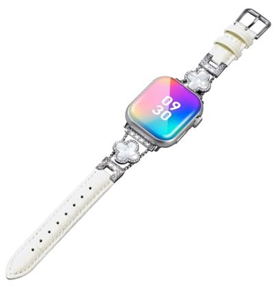 Fidzvsts Leather Straps Compatible with Apple Watch Band Women Slim Replacement Wristband with four-leaf Clover Bling Diamond Metal for iWatch Series SE 8 7 6 5 4 3 2 1 Ultra 38mm 40mm 41mm White