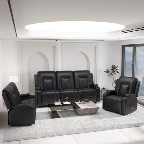 COMHOMA Relaxsessel-Set, Sofa, Sofa-Set aus Kunstleder, Fernsehsessel Ruhesessel Liegesessel mit Liege-Funktion Polstersessel Schlafsessel für Wohnzimmer Schlafzimmer Heimkino, Schwarz, 3+1+1