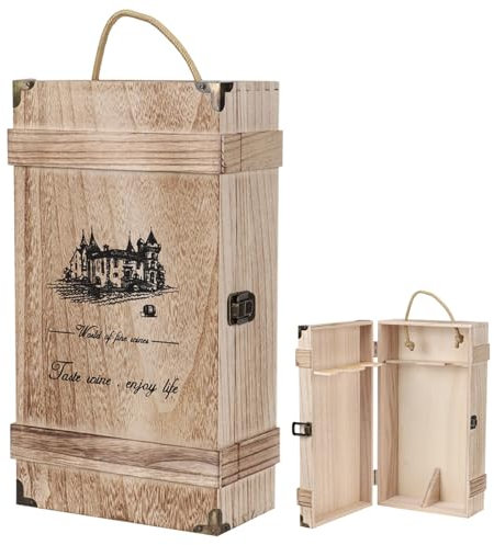 Caja de vino para doble botella, cajas retro para vino tinto con 2 botellas y cuerda de transporte, caja decorativa retro para vino, caja de almacenamiento portátil para botellas