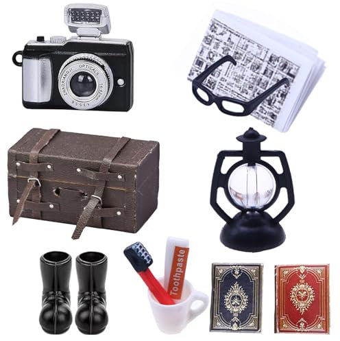 11 Stück Miniatur Reise Puppenhaus Zubehör,Wichtel Zubehör Mini Koffer Zahnbürste Zahnpasta Tasse Kamera Bücher Zeitung Lampe Garten Deko für Wichteltür Weihnachten Deko Wichtelzubehör