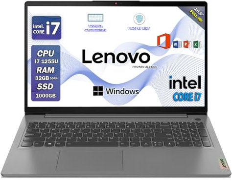Lenovo Ideapad, Notebook i7, Pc portatile intel core 12th 10Core, Ram 40 Gb, Display 15,6 FHD IPS, SSD 1Tb, Wi-Fi, Bt, Tastiera retroilluminata, fingeprint integrato, Windows 11 Pro, Pronto all'Uso