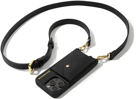 Bandolier Hailey Crossbody Wallet Phone Case for iPhone 16 Pro Max. 100% Genuine Pebble Leather with Gold Hardware. Adjustable & Removable Strap. Expandable Flip Card Holder. Black with Gold