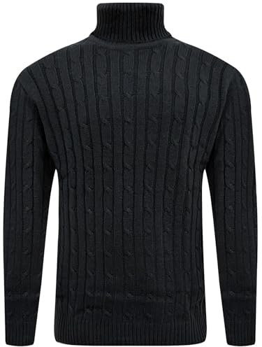 fashionego Mens Cable Knit Turtle Neck Jumper Polo Roll Neck Sweater Pullover Ribbed Knitwear Fisherman Menswear Pullover, Black - FE, XL