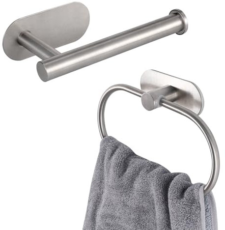 Toilet Paper Holder/Towel Ring Self Adhesive, Eolax No Drilling Brushed Nickel Bathroom Hardware Accessories, Stainless Steel Sticky Toilet Roll Hanger and Hand Towel Holder, 2 Pieces