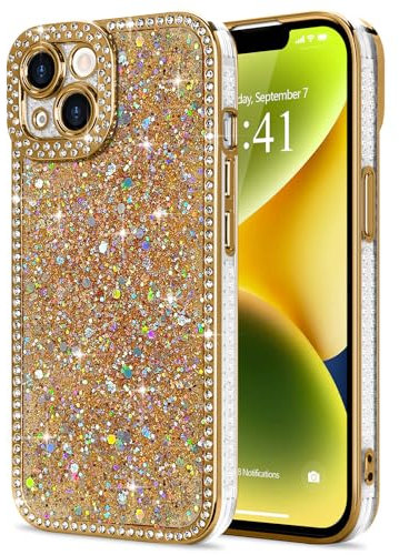 Lafunda for iPhone 14 Case for Womens Girls, Luxury Bling Glitter Diamond Crystal Festival Shiny Case Camera Protection Shockproof Silicone TPU Phone Cover for iPhone 14 6.1, Gold