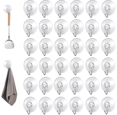Yuqilin 36 Pezzi Gancho Ventosa,Ventosas para Azulejos Gancho Adhesivo Fuerte Transparente Sin Rastro Ganchos para Colgar 4cm Gancho Redondo,para Azulejos,Ventanas,Vidrio,Baño,Cocina