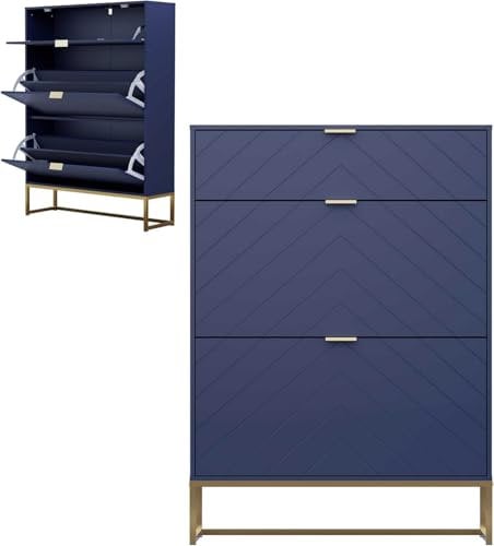 UEV Schuhschrank mit 2 Klappen und 1 Schublade Schuhablage Schuhkommode Schuhregal Schuhkipper Platzsparend, mit Kippschutz/Trennwand verstellbar für Wohnzimmer Flur, 80x24x122cm, Blau
