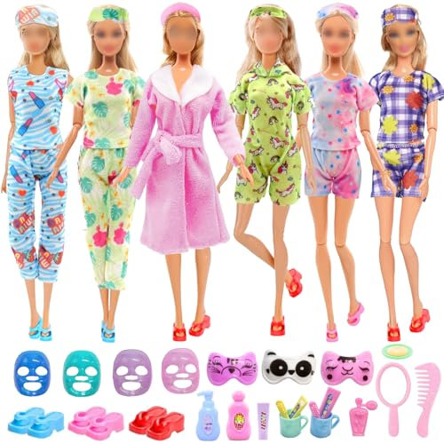 Puppenkleidung und Zubehör, 28-teilig, 5 Schlafanzüge, Bademantel, 7 Masken, 3 Hausschuhe, 13 Badezimmer-Accessoires, Schlafkleidung und Zubehör-Set, kompatibel mit Barbie-Puppe, 29,2 cm