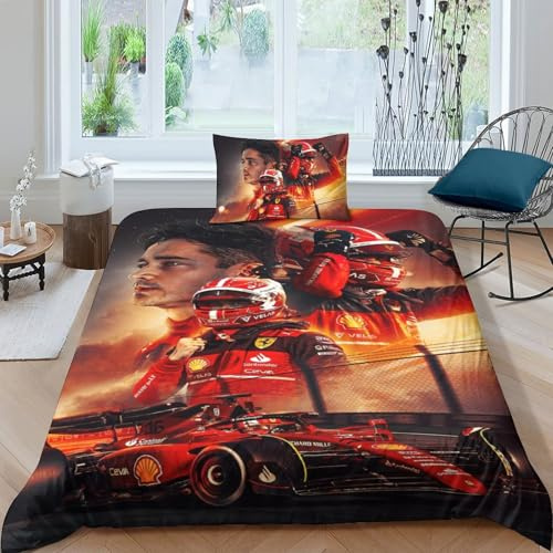 EOASNRTCB 3D Charles Leclerc Druck Bettwäsche Set F1 Racing Bettbezug Set Kinder Jungen Microfaser Betten Set Mit Reißverschluss Und Kissenbezug Single（135x200cm）