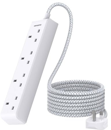 3M 4 Way Extension Lead, HANYCONY Plug Extension Socket with Braided Cable, Heavy Duty Power Strip 13A 3250W, Multi Socket Adapter for Home, Office, Living Room, Camping Essentials, White