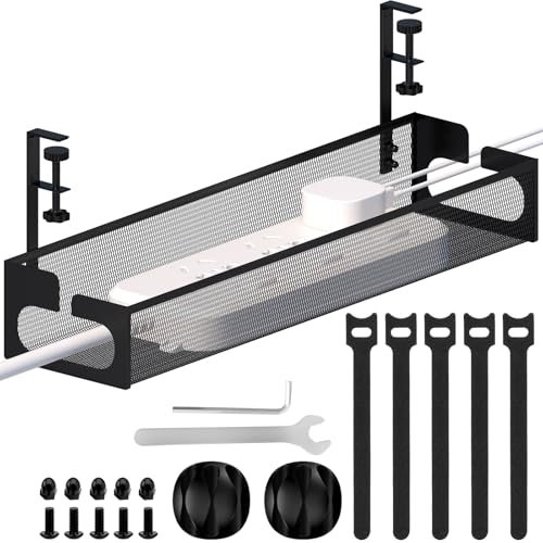 Under Desk Cable Management Tray, No Drill Mesh Desk Cable Tray, Wire Management Tray Cable Management Rack, Wire Organizer and Cable Management Box for Officehome (Black)
