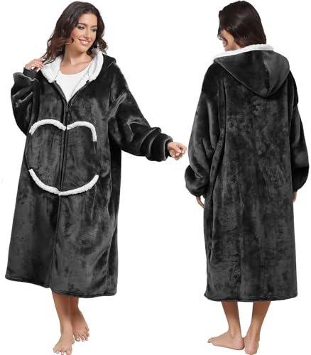 FEELJAM Decke mit Ärmeln und Kapuze, Kuscheldecke Hoodiedecken mit Reißverschluss und Taschen (Schwarz, 120cm)