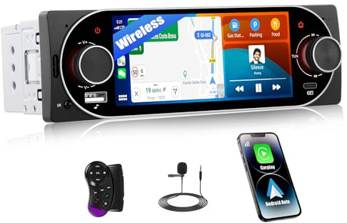 SIXWIN Autoradio 1 DIN Wireless Carplay et Android Auto, 5 Pouces HD Ecran Tactile Poste Radio Soutien Lien Miroir pour iOS/Android SWC Bluetooth 5.2/USB/Type-C/FM/EQ+Commande Volant