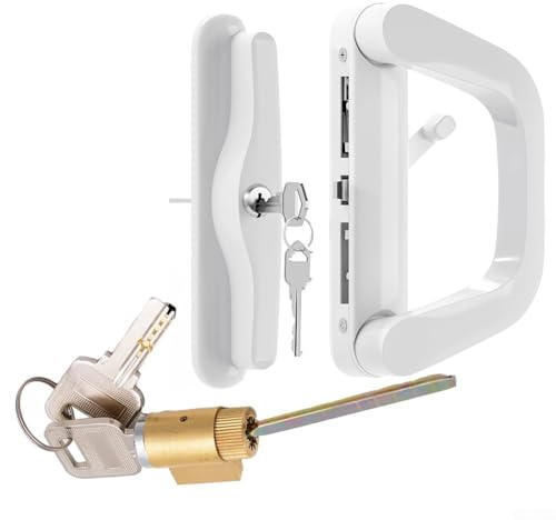 Eawfgtuw Sliding Door Handle Set with Keys, Zinc Alloy Glass Patio Door Lock Replacement for Secure Sliding Door Hardware, White, Unilateral/Bilateral(Unilateral)