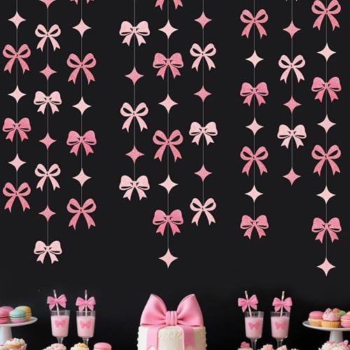 pinkblume Nœuds Roses Décorations de Fête Guirlande Banderole Suspendre de Nœuds en Papier Pailleté Rose avec Étoiles pour Rose d'octobre Fille Anniversaire Bapteme EVJF Fiançailles Mariage Thé Decor