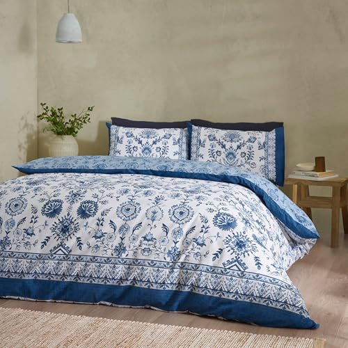Catherine Lansfield Zoukara Wende-Bettwäsche-Set mit Kissenbezügen, Blumenmuster, Blau