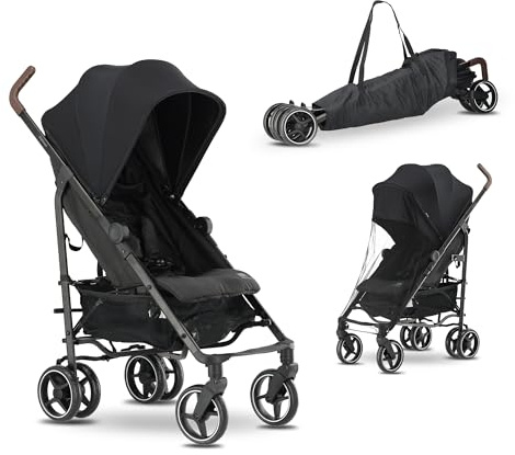 Deryan Bobbie Kinderwagen, Liegebuggy, Sportwagen, Leicht - 8,5kg, Drehbare Vorderräder, Verstellbarer Griff, Stufenlose Einstellung der Rückenlehne, Schnelles Zusammenklappen (Schwarz)
