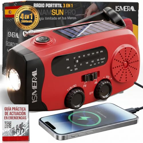 Radio Solar de Emergencia con Manivela 2000 mAh, Am/FM Linterna LED, SOS