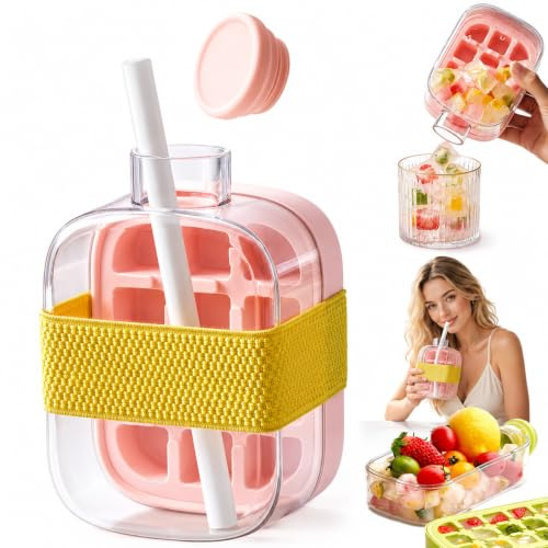 Xanthelle 16.3x10x8cm 2 en 1 Botella de Hielo Rosa, Recipiente de Cubitos de Hielo de Silicona con Tapa, Paquete de 1, Resistente a Fugas con un Solo Botón, Molde Mini de Cubitos de Hielo, Sin BPA,